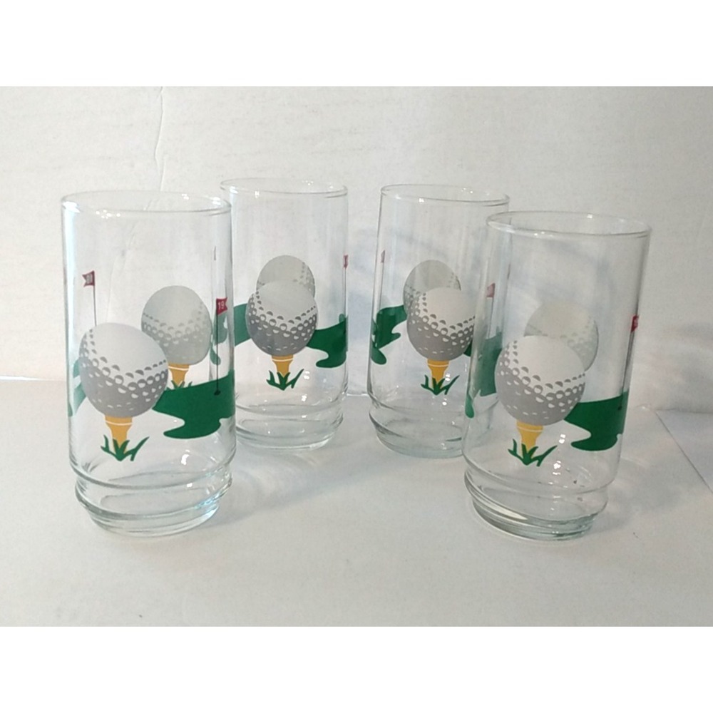 4X Vintage Golf Ball 19th Hole Glasses Glass Set Bar Man cave Glasses NICE!